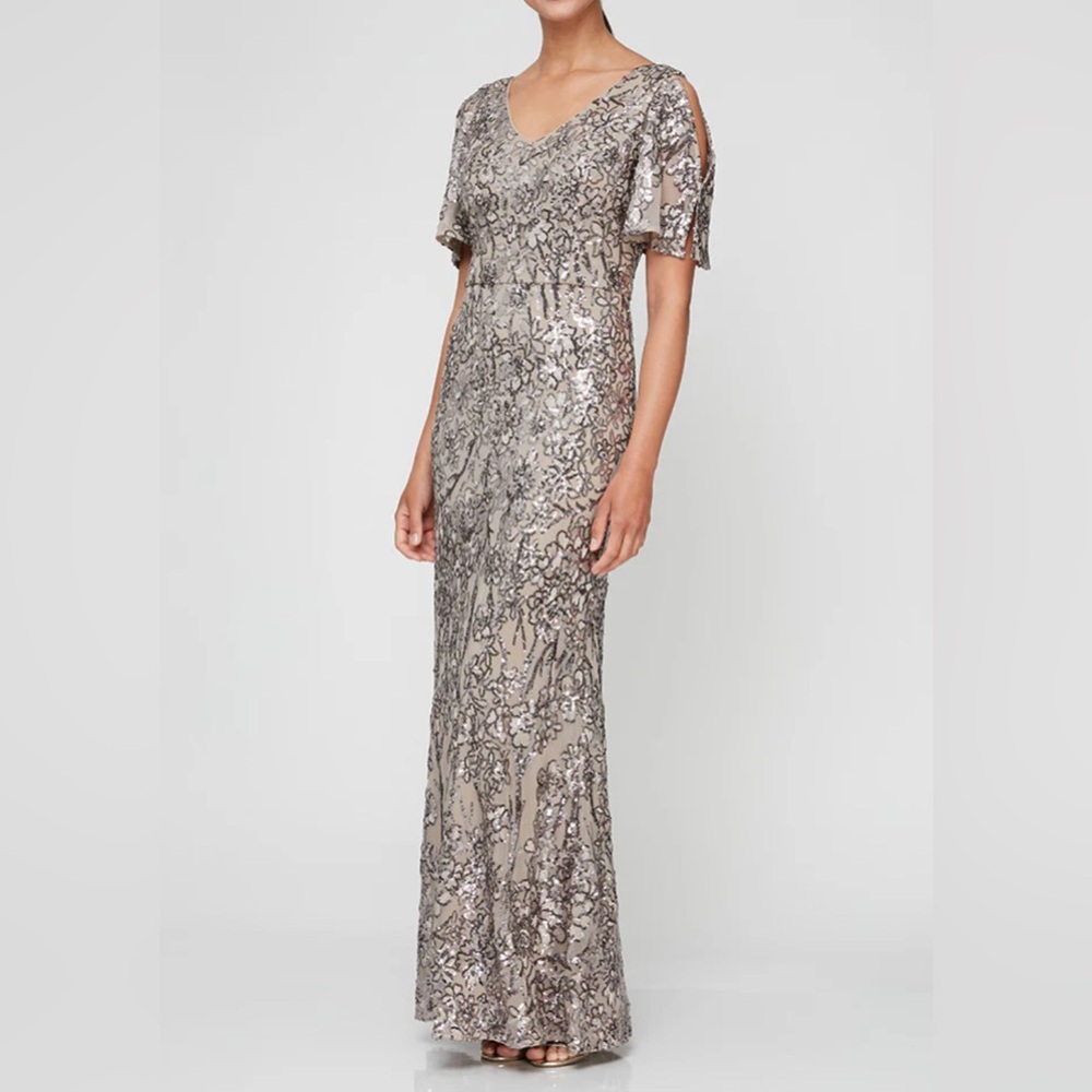 Alex Evenings Caroline Long V-Neck Sequin Dress w/Cold Shoulder Flutter Sleeve